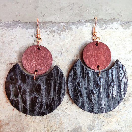 Black and Brown Embossed Round Drop Earrings, drop earrings for women, botanical inspired, front view
