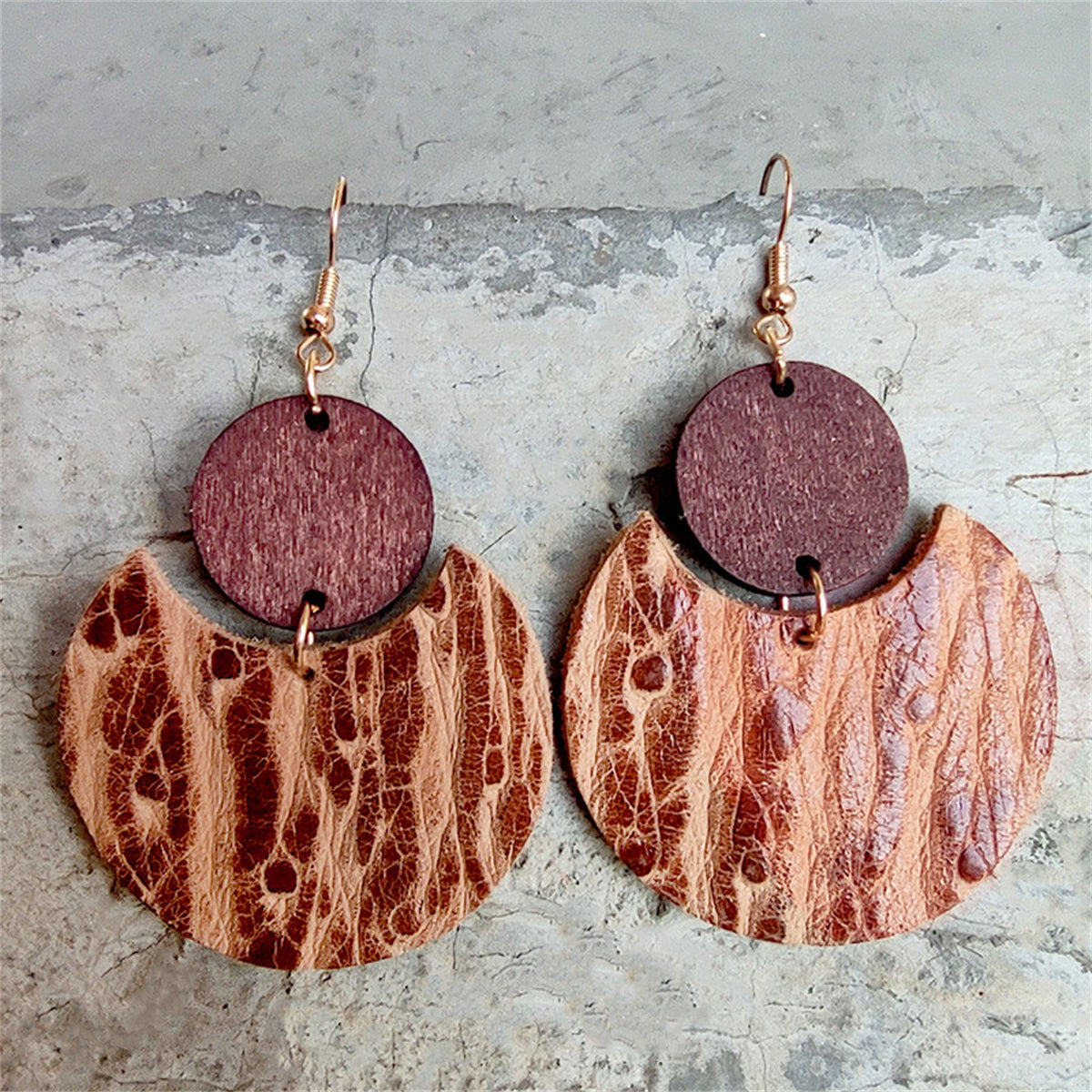 Brown Wood and 18K Gold-Plated Round Drop Earrings, gold drop earrings for women, dainty minimalist design, front view
