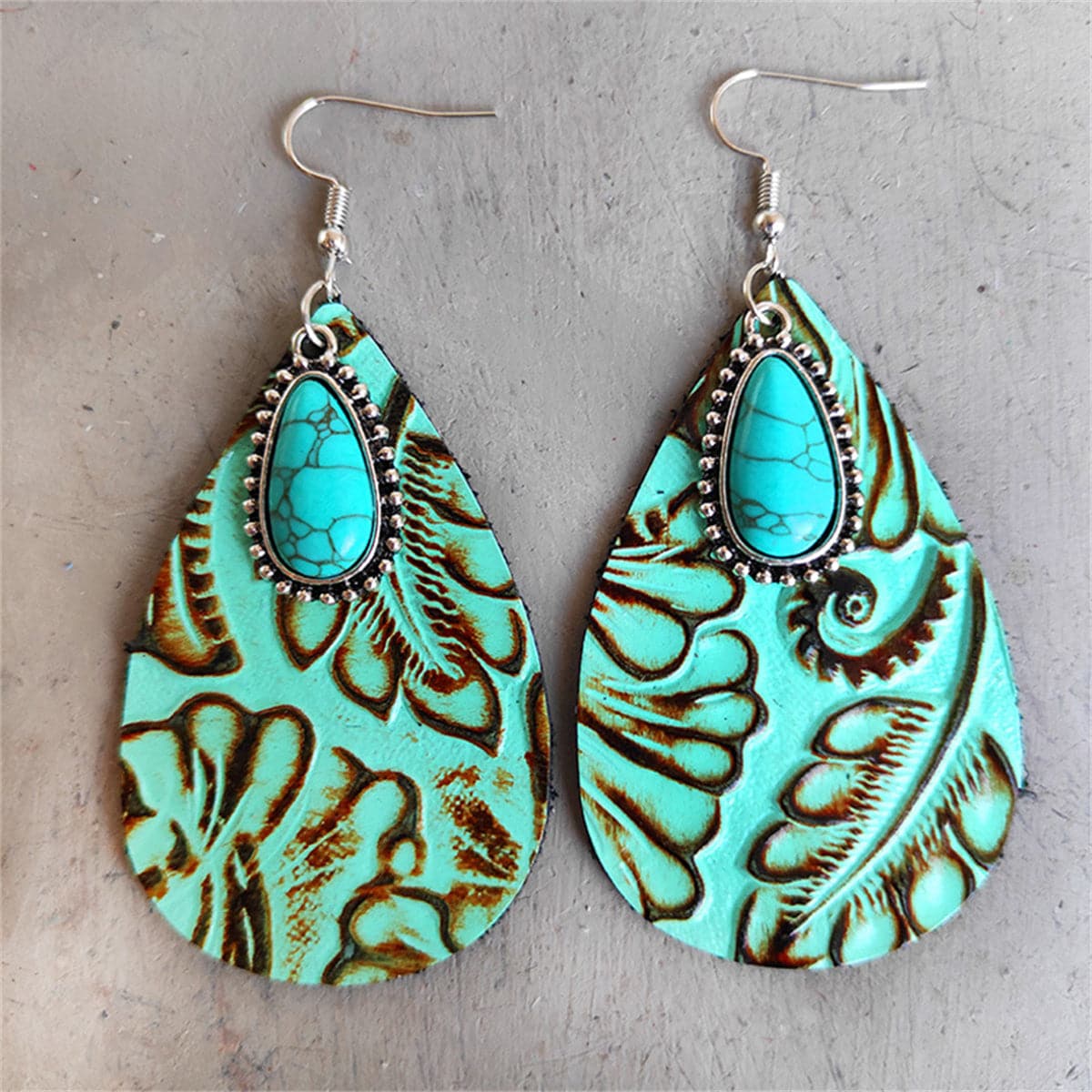Mint and Turquoise Floral Embossed Drop Earrings, drop earrings for women, everyday style, front view