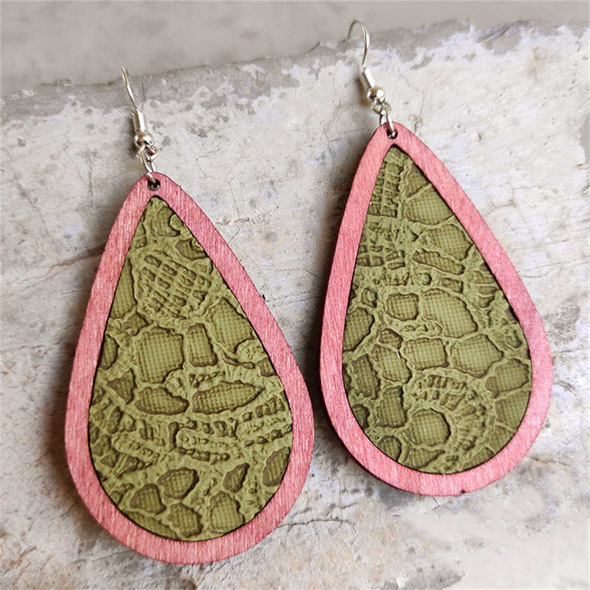 Green and Pink Lace-Textured Teardrop Earrings, drop earrings for women, vintage-inspired design, front view