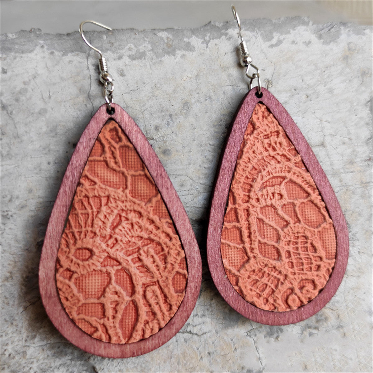 Orange and Red Lace-Textured Teardrop Earrings, drop earrings for women, dainty minimalist design, front view