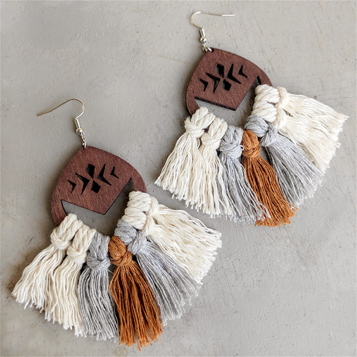 Mustard and Gray Tassel Etched Wood Drop Earrings, drop earrings for women, botanical inspired, front view