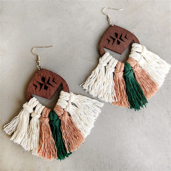 Green & Blush Tassel Etched Wood Drop Earrings