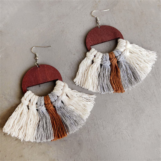Mustard and Gray Tassel Wood Drop Earrings, drop earrings for women, vintage-inspired design, front view