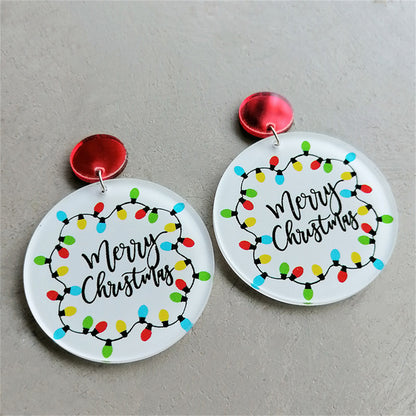 White and Silver-Plated 'Merry Christmas' Lights Round Drop Earrings, silver drop earrings for women, front view
