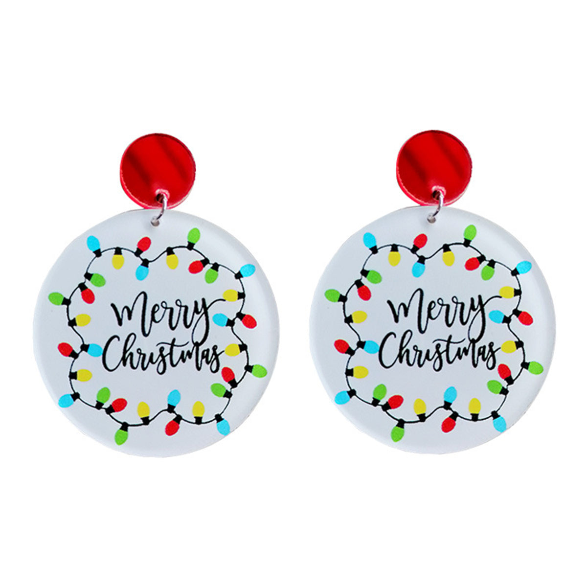 White & Silver-Plated 'Merry Christmas' Lights Round Drop Earrings