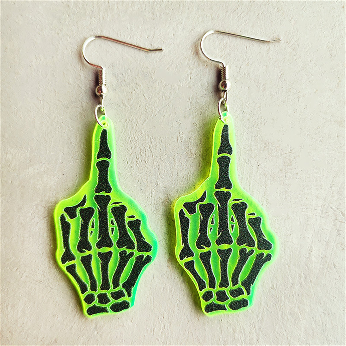 Green and Silver-Plated Skeleton Hand Drop Earrings, silver drop earrings for women, elegant gift for her, front view