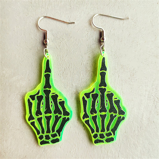 Green and Silver-Plated Skeleton Hand Drop Earrings, silver drop earrings for women, elegant gift for her, front view