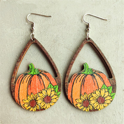 Orange and Yellow Painted Wood Pumpkin Sunflower Open Teardrop Earrings, drop earrings for women, front view