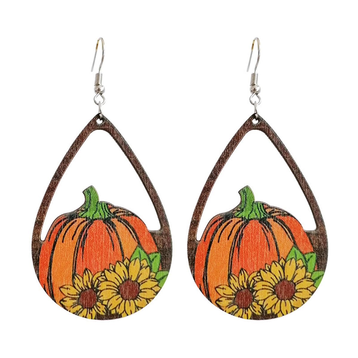 Orange and Yellow Painted Wood Pumpkin Sunflower Open Teardrop Earrings, drop earrings for women, side view