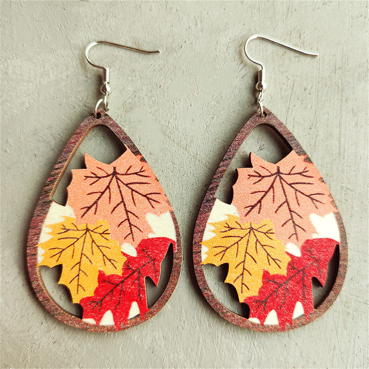 Red and Brown Maple Leaves Open Teadrop Earrings, drop earrings for women, everyday style, front view