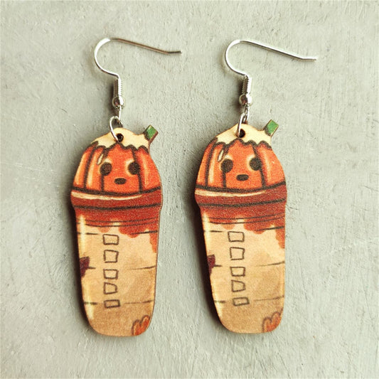 Orange Jack-O'-Lantern Drink Drop Earrings, drop earrings for women, vintage-inspired design, front view