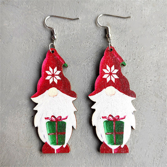 Red and White Wood Santa With Gift Drop Earrings, drop earrings for women, botanical inspired, front view