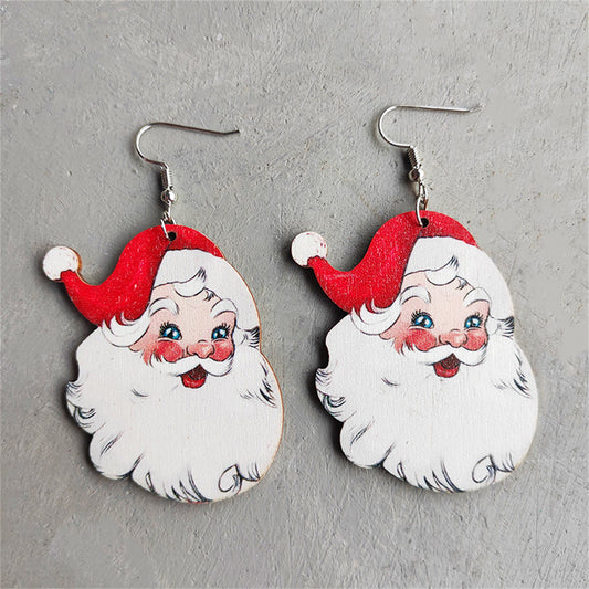 White and Red Wood Santa Drop Earrings, drop earrings for women, botanical inspired, front view