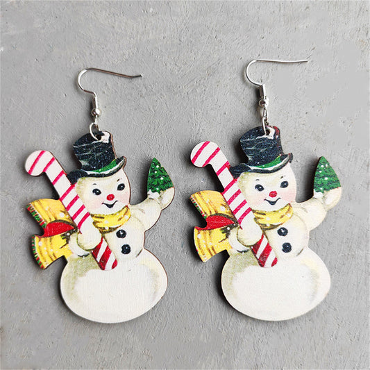 White and Green Wood Snowman Drop Earrings, drop earrings for women, everyday style, front view