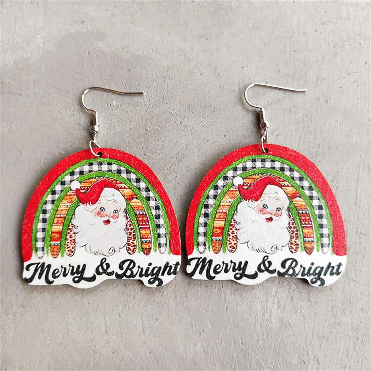 Red and Green Wood 'Merry and Bright' Santa Drop Earrings, drop earrings for women, botanical inspired, front view