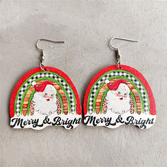 Red and Green Wood 'Merry and Bright' Santa Drop Earrings, drop earrings for women, botanical inspired, front view