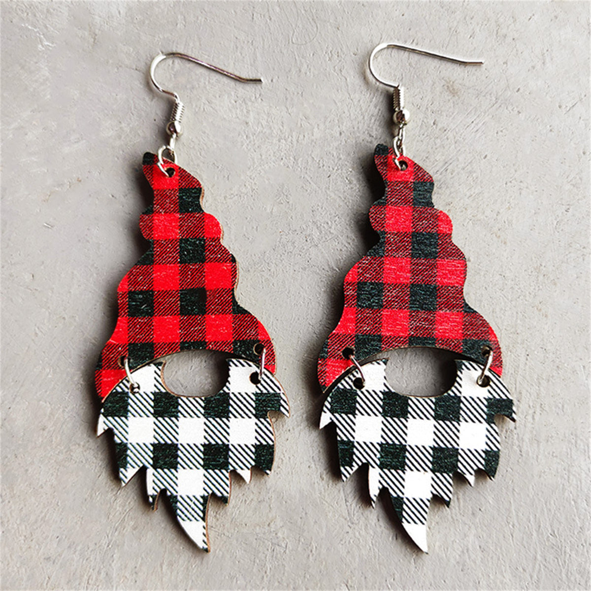 Red and Black Wood Buffalo Check Gnome Drop Earrings, drop earrings for women, dainty minimalist design, side view