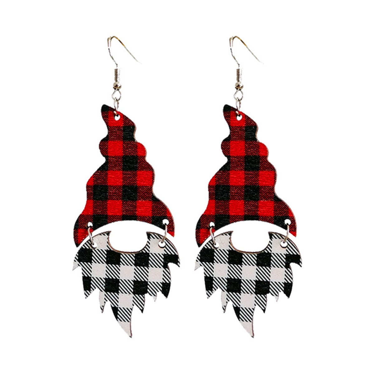 Red and Black Wood Buffalo Check Gnome Drop Earrings, drop earrings for women, dainty minimalist design, front view