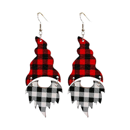 Red and Black Wood Buffalo Check Gnome Drop Earrings, drop earrings for women, dainty minimalist design, front view