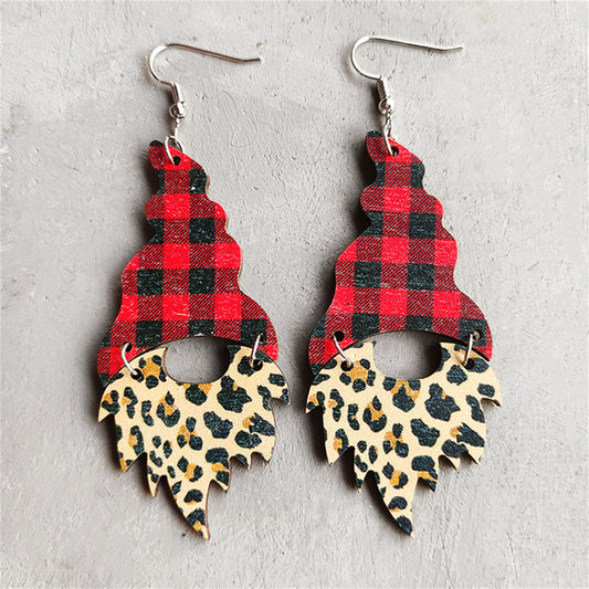 Red and Khaki Wood Buffalo Check and Leopard Gnome Drop Earrings, drop earrings for women, front view