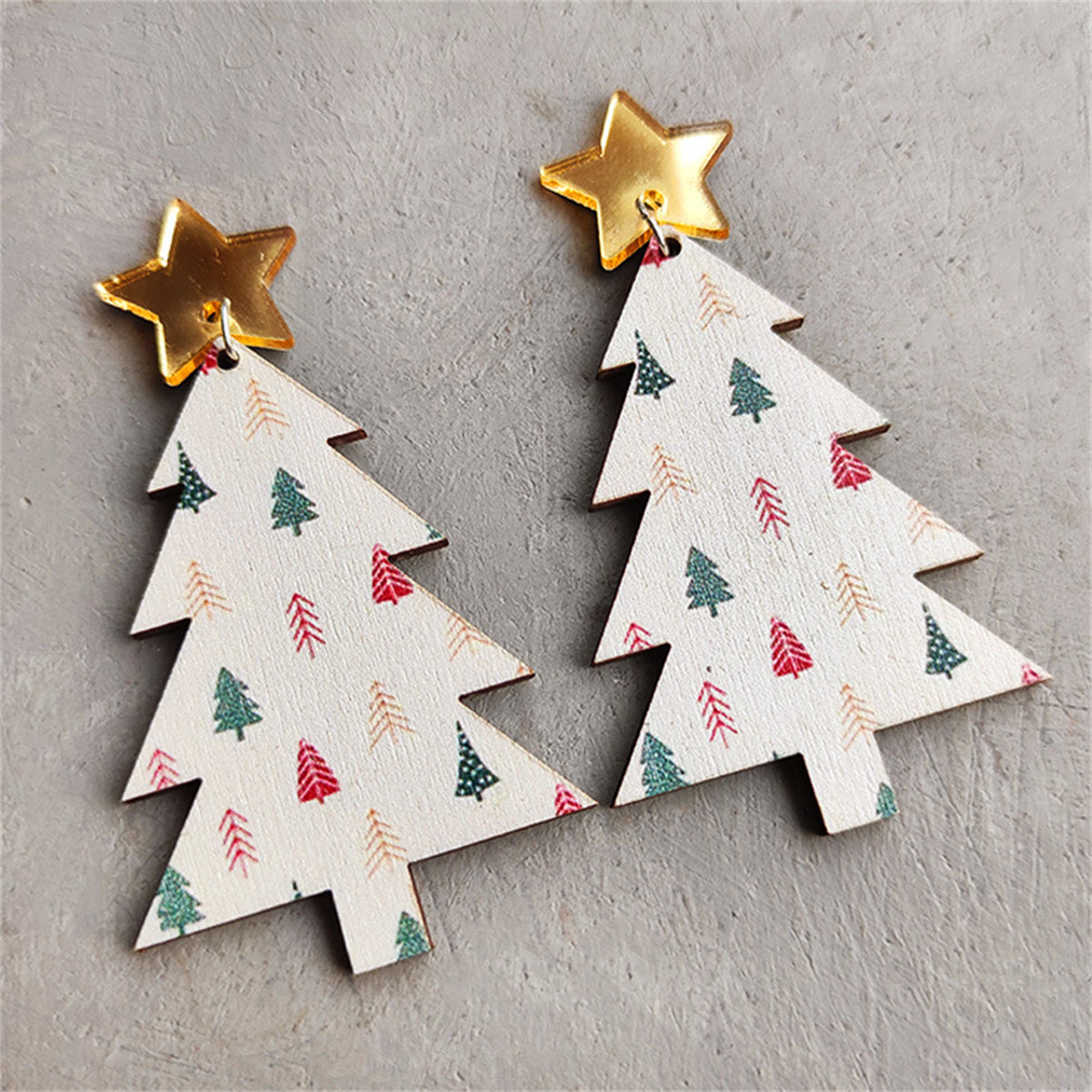 White Wood and Silver-Plated Christmas Tree Drop Earrings, silver drop earrings for women, botanical inspired, front view