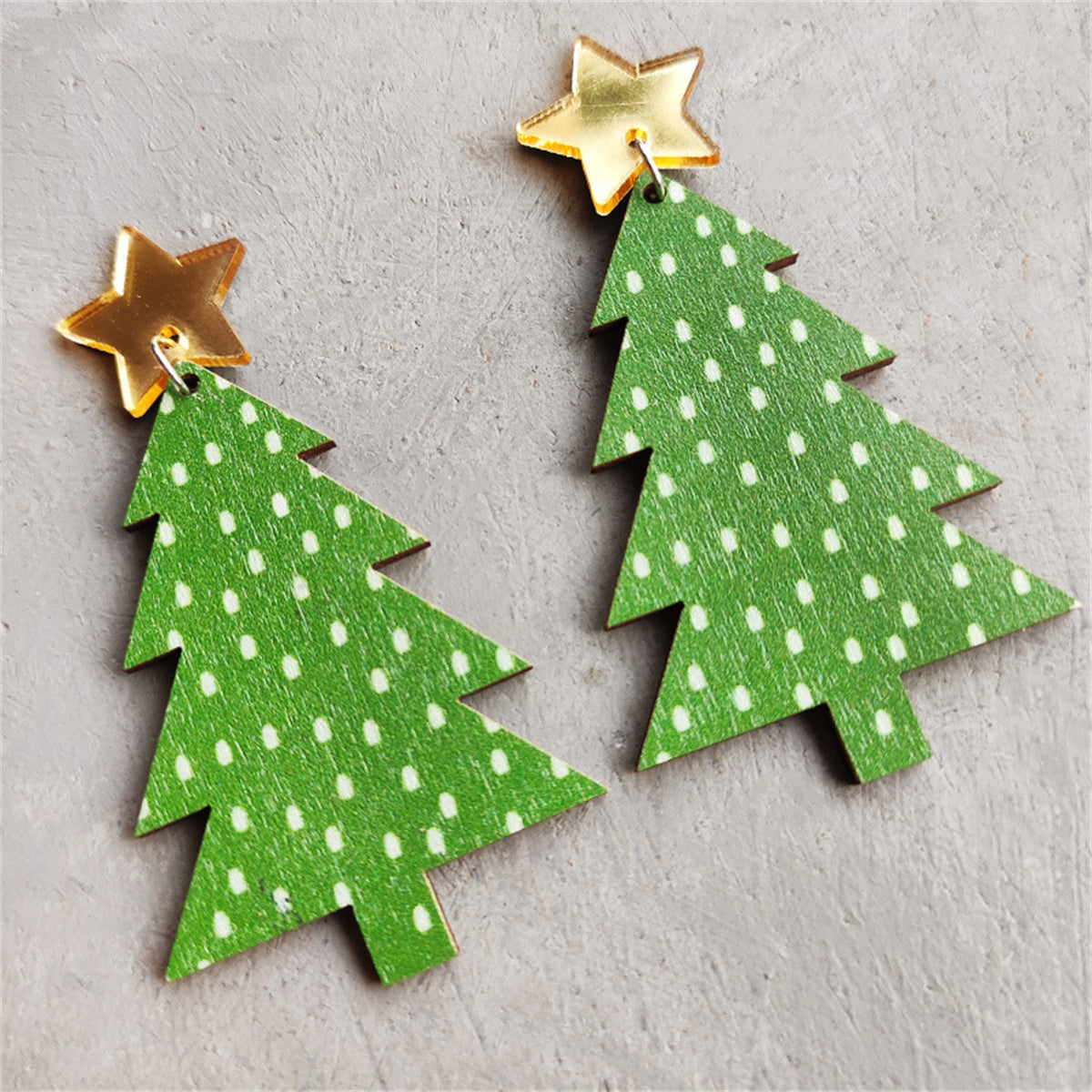 Green Wood and 18K Gold-Plated Christmas Tree Drop Earrings, gold drop earrings for women, botanical inspired, front view