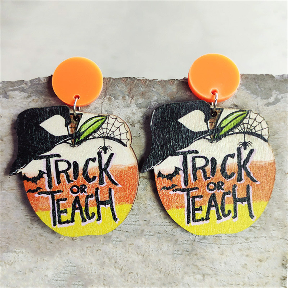 Orange and Yellow Wood and 'Trick Or Teach' Apple Drop Earrings, drop earrings for women, botanical inspired, front view