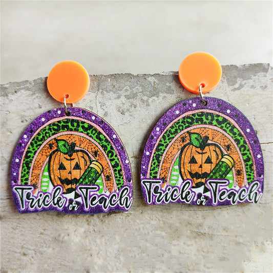 Orange and Purple Wood 'Trick Or Treat' Pumpkin Drop Earrings, drop earrings for women, vintage-inspired design, front view