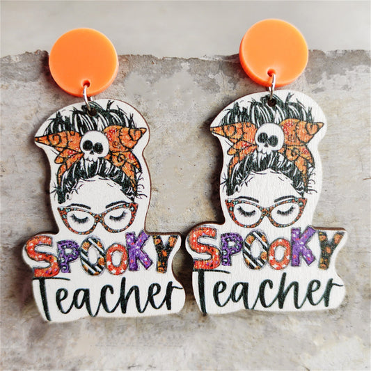 Orange and Purple Wood 'Spooky Teacher' Drop Earrings, drop earrings for women, botanical inspired, front view