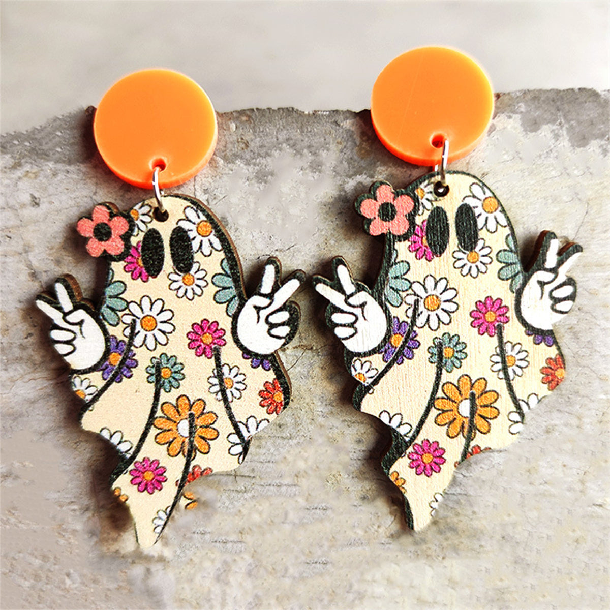 Ivory and Orange Wood Floral Ghost Drop Earrings, drop earrings for women, dainty minimalist design, front view