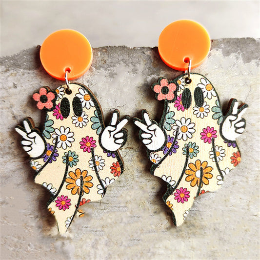 Ivory and Orange Wood Floral Ghost Drop Earrings, drop earrings for women, dainty minimalist design, front view