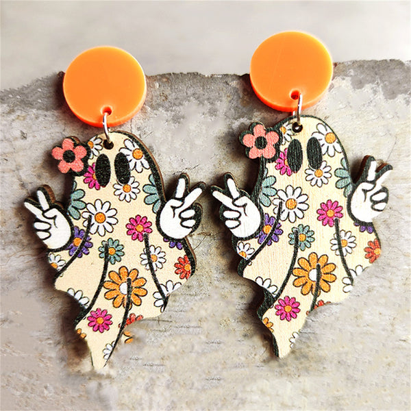 Ivory & Orange Wood Floral Ghost Drop Earrings