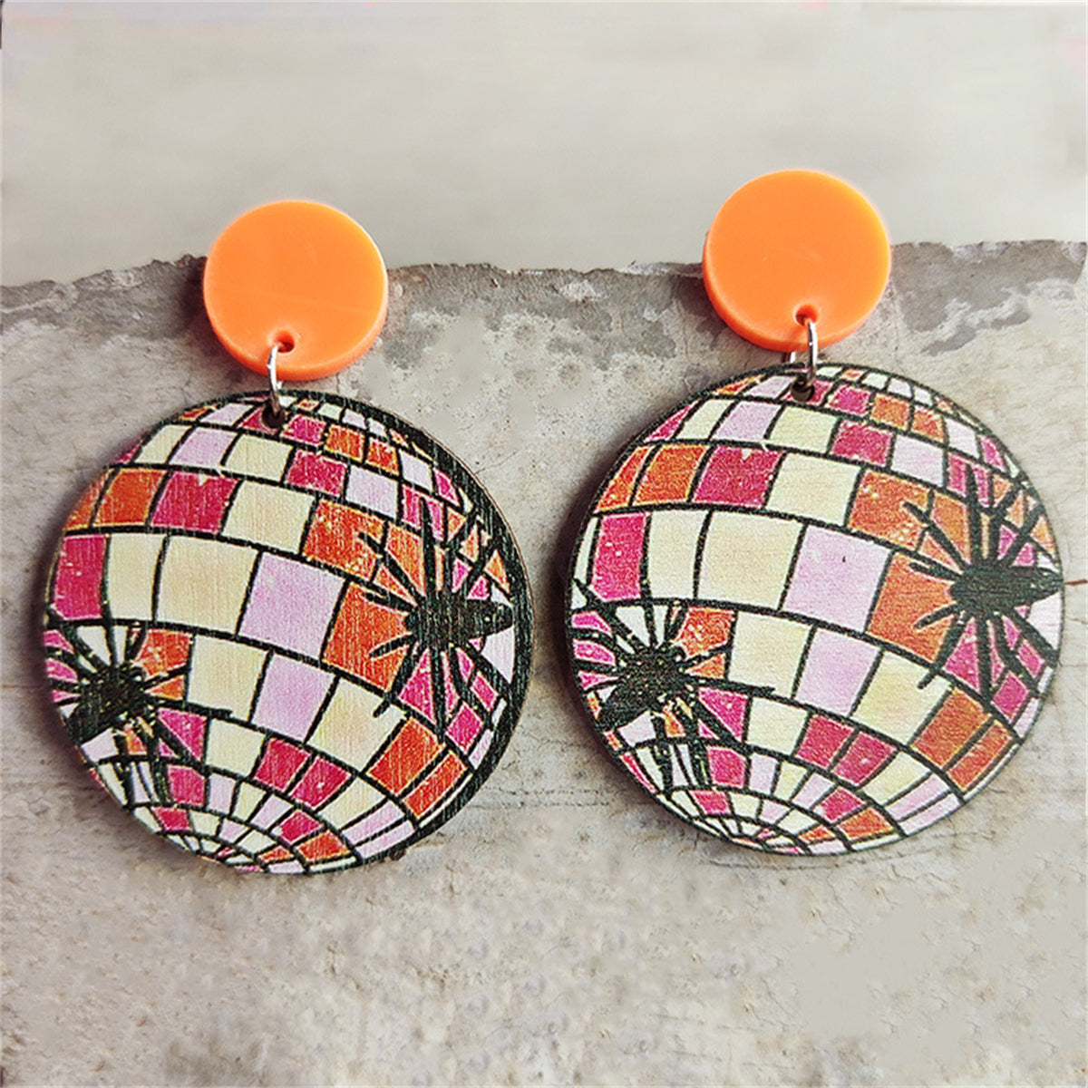 Orange and Red Wood Spider Ball Drop Earrings, drop earrings for women, elegant gift for her, front view
