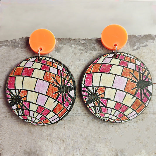 Orange and Red Wood Spider Ball Drop Earrings, drop earrings for women, elegant gift for her, front view