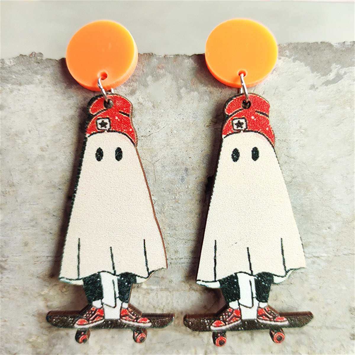 White and Orange Wood Skateboard Ghost Drop Earrings, drop earrings for women, dainty minimalist design, front view