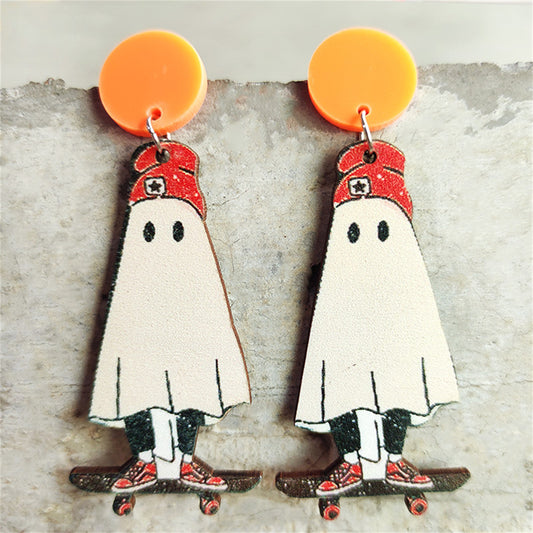 White and Orange Wood Skateboard Ghost Drop Earrings, drop earrings for women, dainty minimalist design, front view