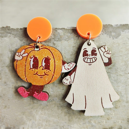White and Orange Wood Pumpkin Ghost Mismatch Drop Earrings, drop earrings for women, everyday style, front view