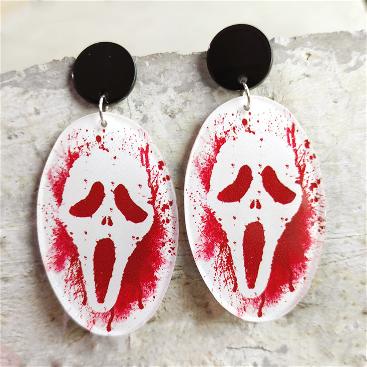 Red and Silver-Plated Screaming Ghost Drop Earring, silver drop earrings for women, everyday style, front view