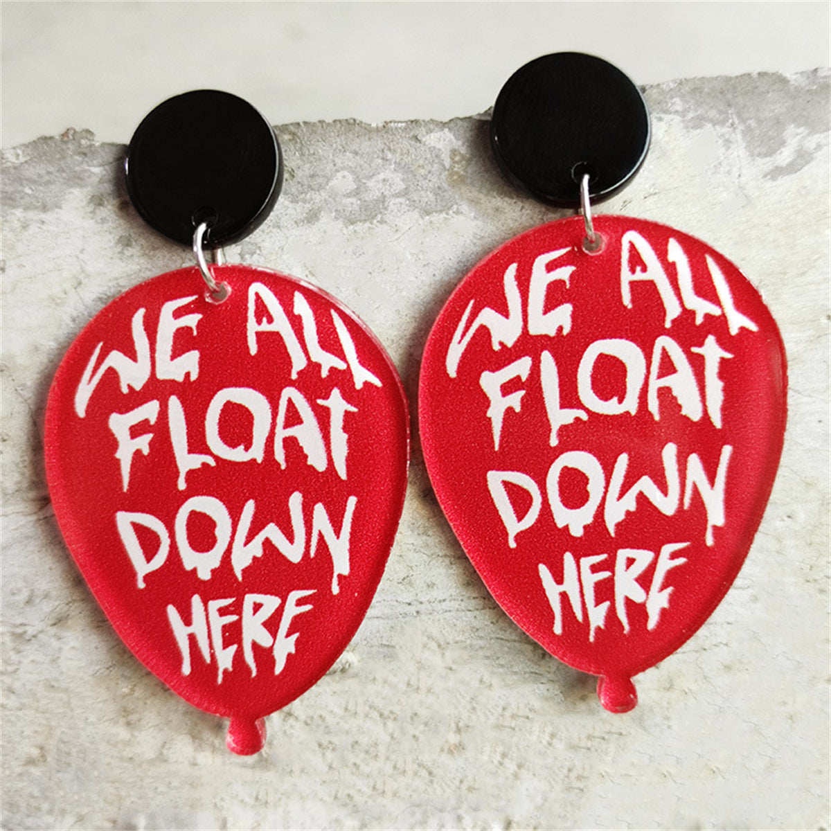 Red Acrylic and Silver-Plated 'We All Float Down Here' Balloon Drop Earrings, silver drop earrings for women, front view