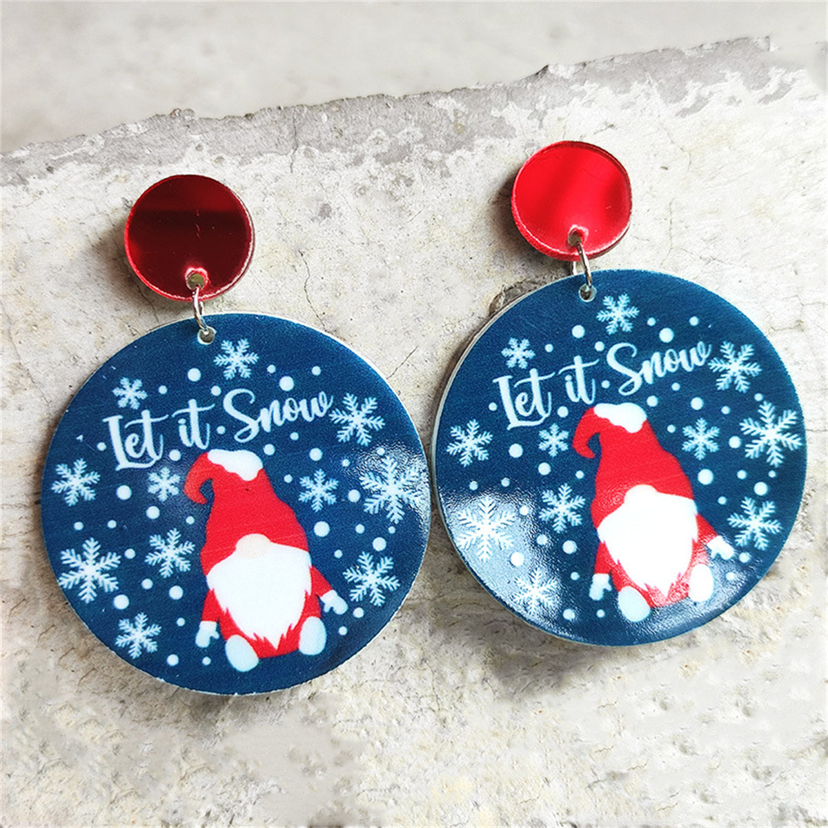 Blue and Red 'Let It Snow' Gnome Round Drop Earrings, drop earrings for women, botanical inspired, front view