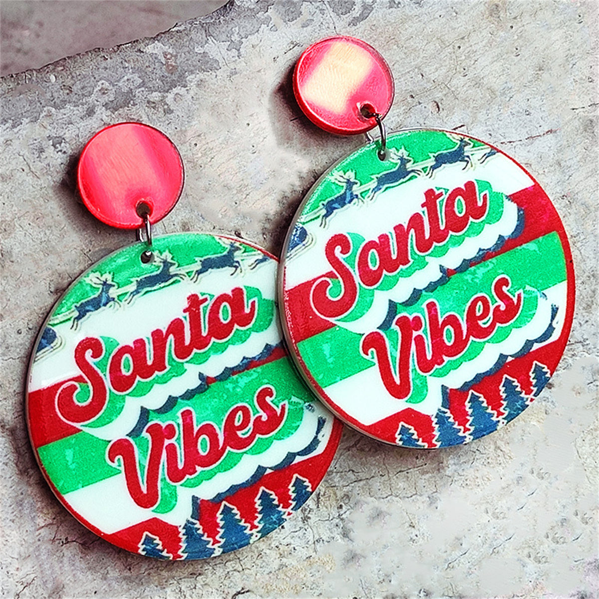 Green & Red 'Santa Vibes' Christmas Round Drop Earrings