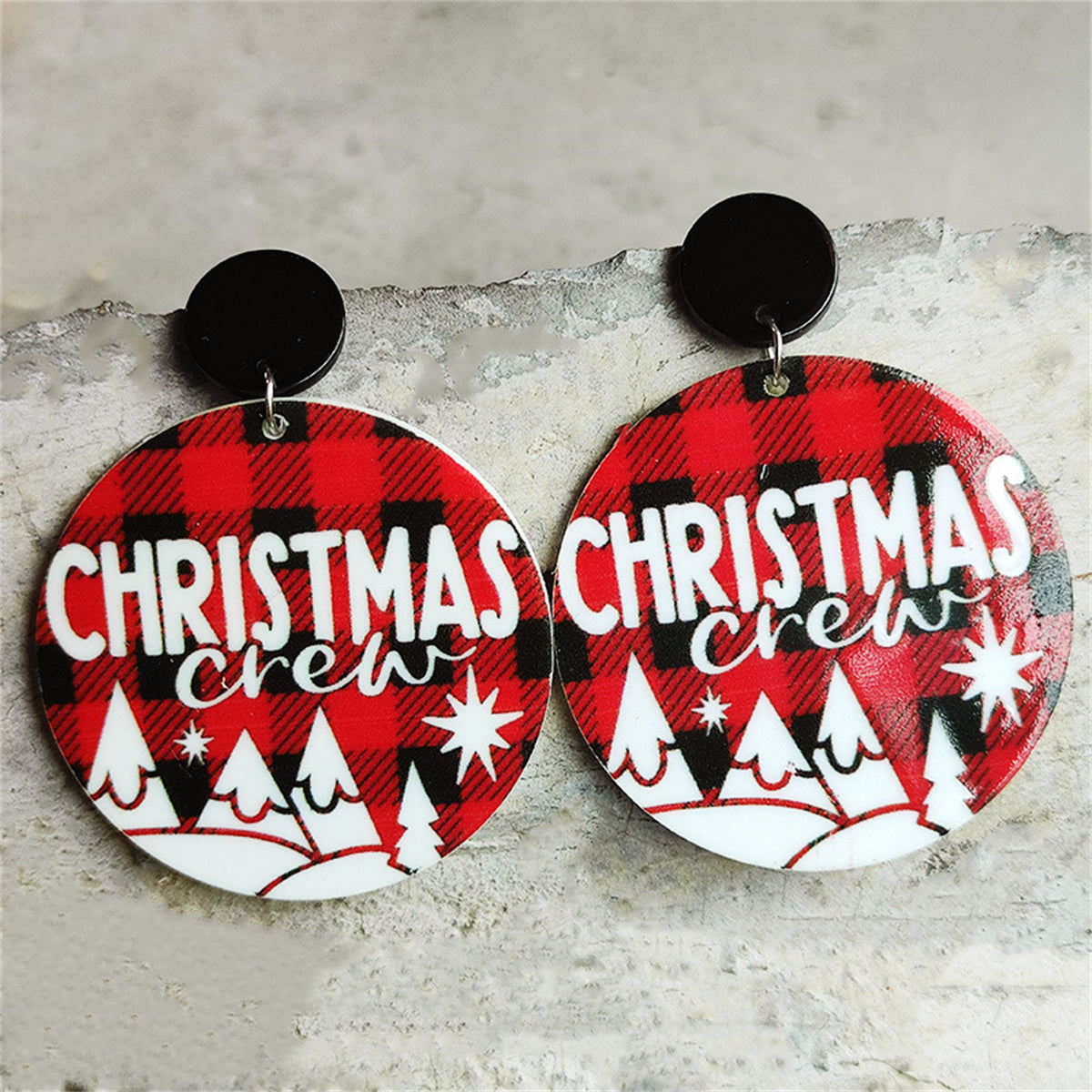 Red and Black Buffalo Check 'Christmas Crew' Round Drop Earrings, drop earrings for women, elegant gift for her, front view