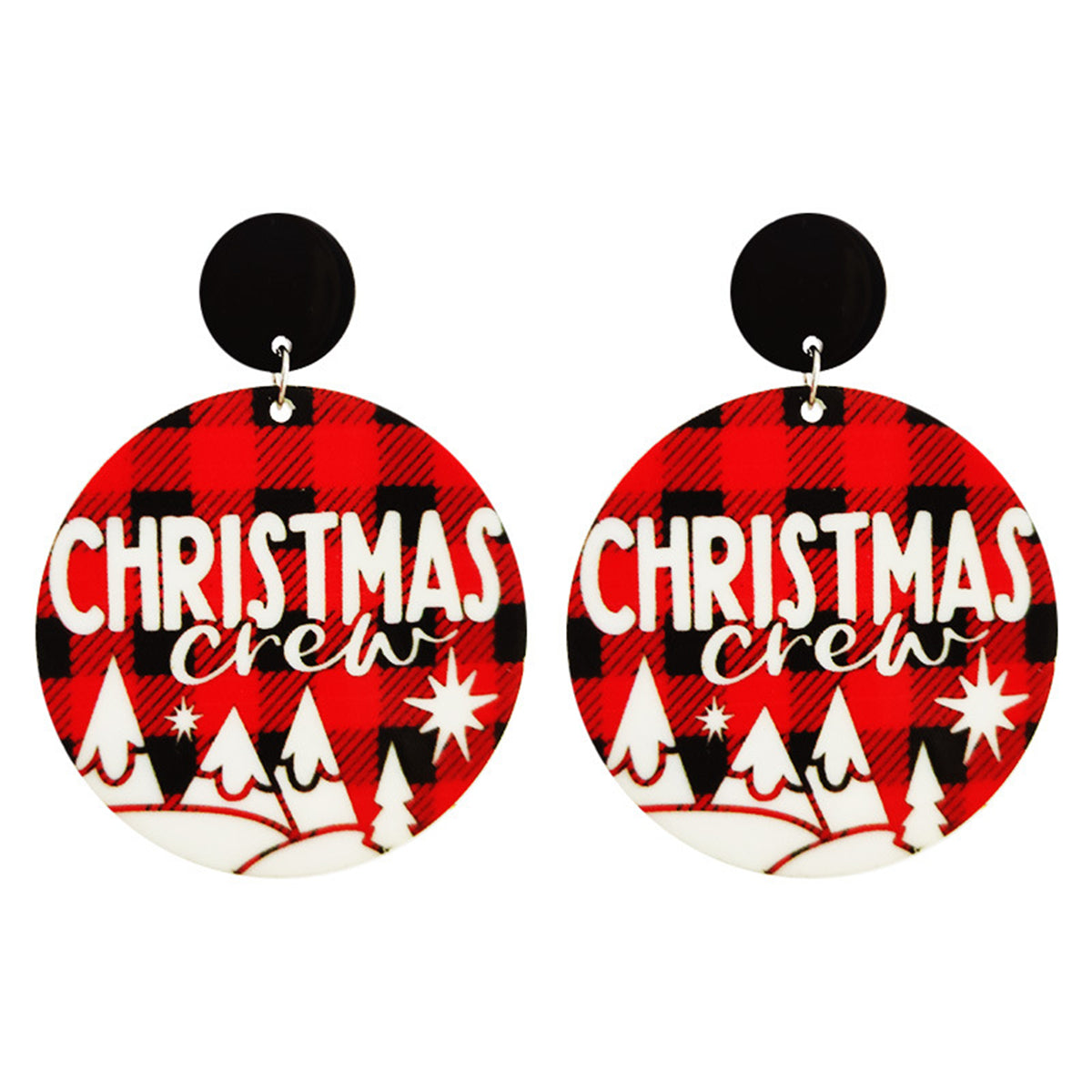 Red and Black Buffalo Check 'Christmas Crew' Round Drop Earrings, drop earrings for women, elegant gift for her, side view