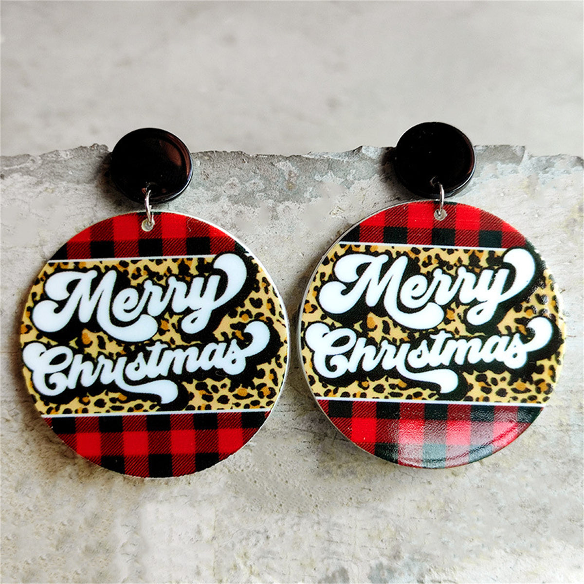 Red and Brown Buffalo Check Leopard 'Merry Christmas' Drop Earrings, drop earrings for women, botanical inspired, front view