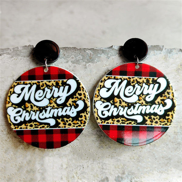 Red & Brown Buffalo Check Leopard 'Merry Christmas' Drop Earrings
