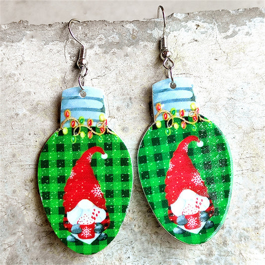 Green and Red Buffalo Check Christmas Lightbulb Drop Earrings, drop earrings for women, dainty minimalist design, front view
