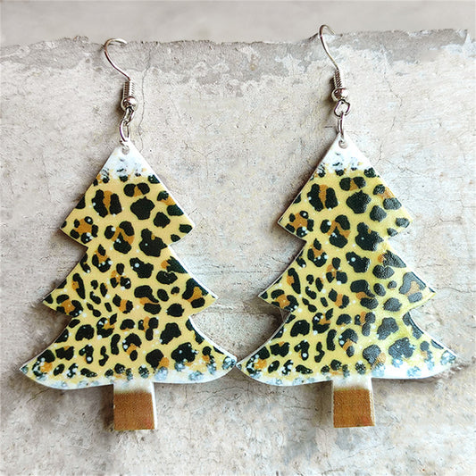 Yellow Acrylic and Silver-Plated Leopard Christmas Tree Drop Earrings, silver drop earrings for women, front view