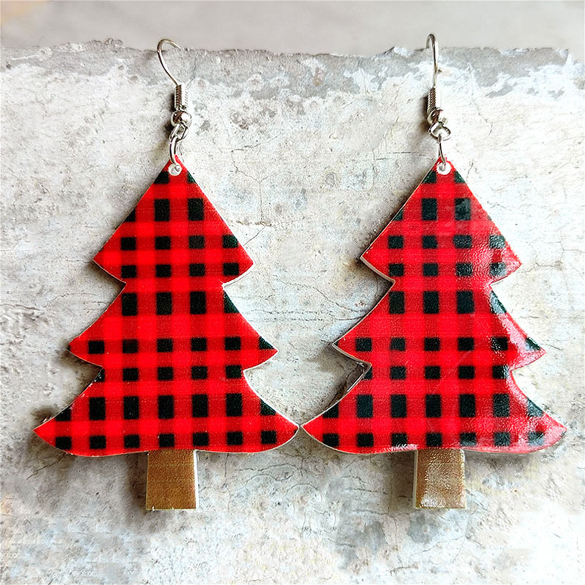 Red and Black Plaid Christmas Tree Drop Earrings, drop earrings for women, botanical inspired, front view
