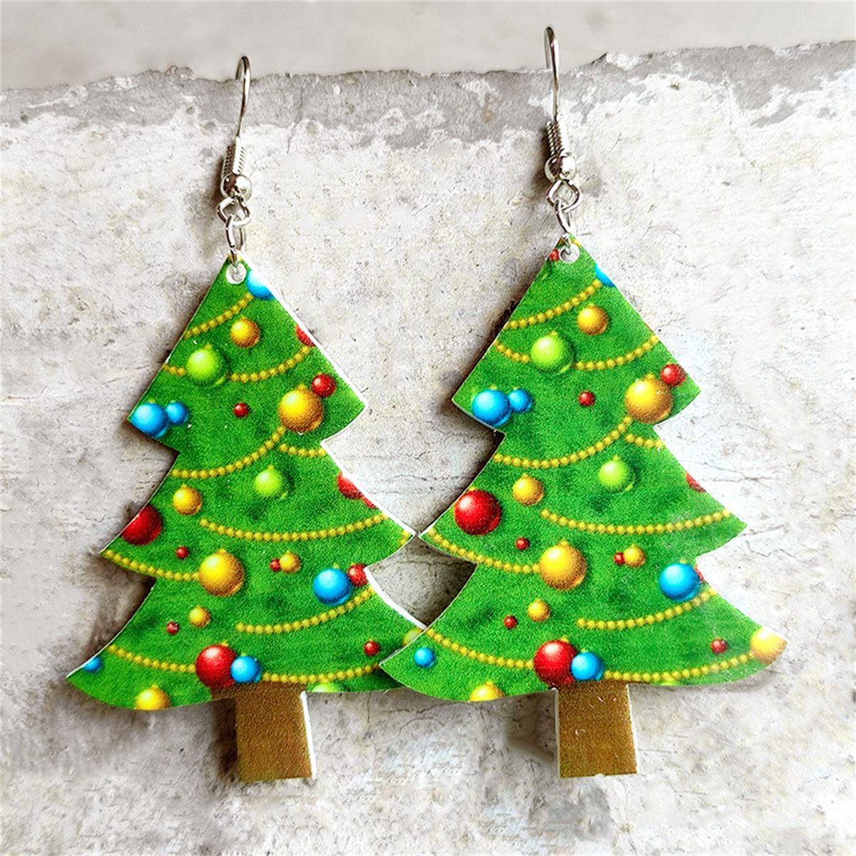 Green and Brown Christmas Tree Drop Earrings, drop earrings for women, botanical inspired, front view